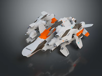 Futuristic White And Orange Sci Fi Aircraft With Mechanical Wings And Engines 3d model