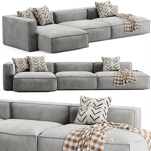 Stylish Gray Sectional Sofa With Geometric Pattern Pillows And Plaid Blanket 3d model