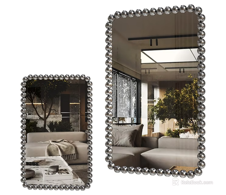 Decorative Beaded Frame Mirror Enhancing Modern Living Room With Sofa And Green Plants 3d model 