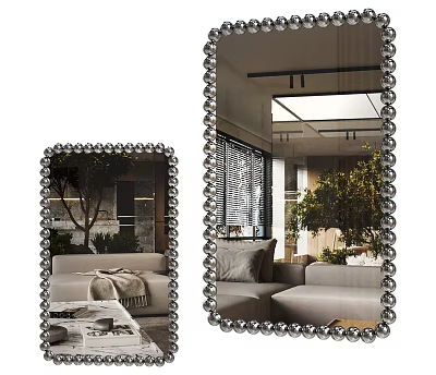 Decorative Beaded Frame Mirror Enhancing Modern Living Room With Sofa And Green Plants 3d model