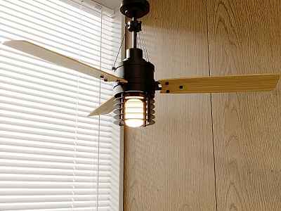 Modern Ceiling Light With Fan Black Body Wooden Blades Bulb White Blinds And Wooden Wall 3d model