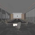 Modern Conference Room With Large Windows City View Long Table And Wooden Chairs