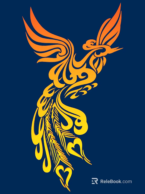 Intricate Phoenix Carving With Vibrant Yellow Orange Patterns On Dark Blue Background 3d model 