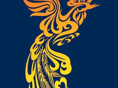 Intricate Phoenix Carving With Vibrant Yellow Orange Patterns On Dark Blue Background 3d model