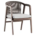 Modern Round Wooden Table With Four Woven Back Chairs And Gray Cushions Metal Legs