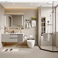 Modern Bathroom Interior With Wall Mounted Vanity Mirror Smart Toilet And Glass Shower