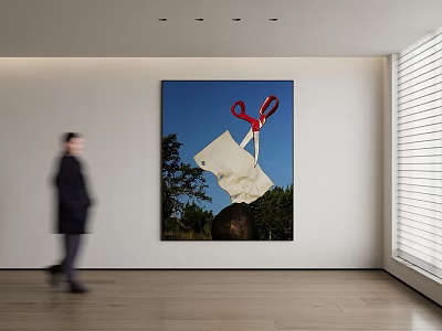 Room With Wooden Floor Wall Painting Red Scissors White Paper Tree And Person Walking 3d model