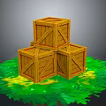 Three Stacked Household Wooden Crates on Green Grass with Yellow Spots