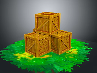 Three Stacked Household Wooden Crates on Green Grass with Yellow Spots 3d model