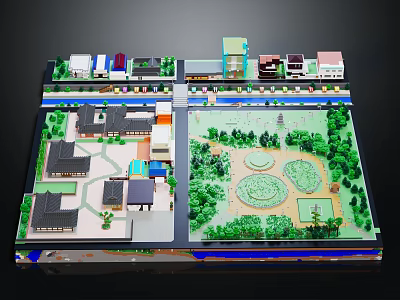 Cartoon Scene Model With Various Buildings Green Park And Streets 3d model