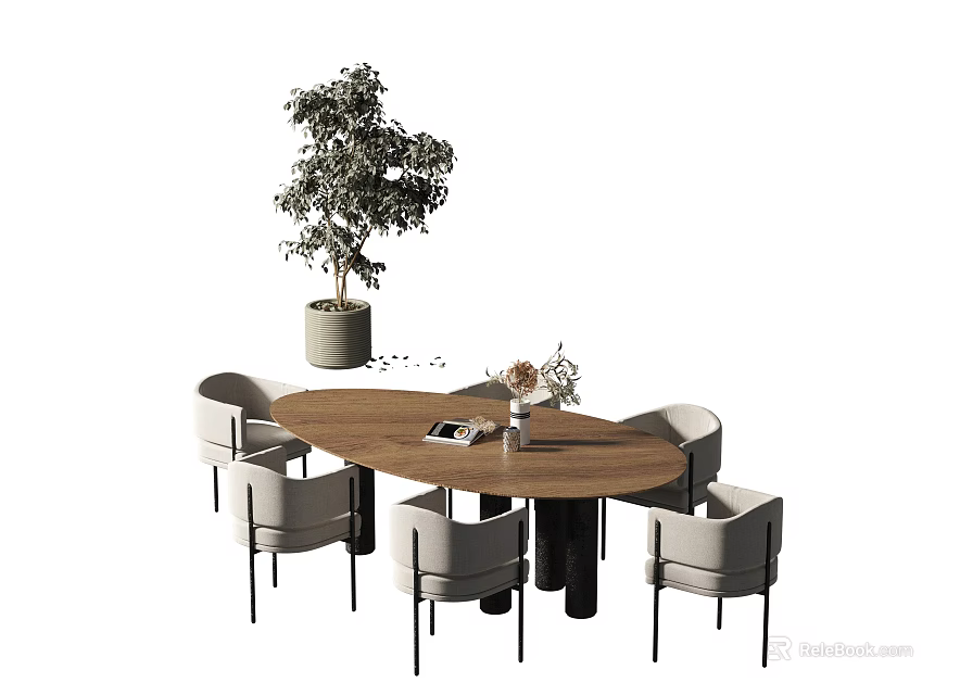 Round Modern Dining Table Set with Grey Chairs Green Potted Plant and Books on Table 3d model 