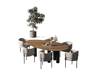 Round Modern Dining Table Set with Grey Chairs Green Potted Plant and Books on Table 3d model