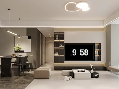 Modern Living And Dining Room Interior Design With TV Wall Bookshelves Dining Table And Lighting 3d model