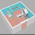 Medical Examination Room Interior With CT Scanner Examination Table Blue Walls And Pink Floor