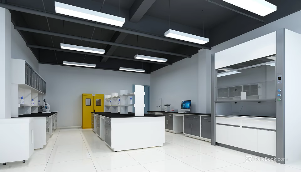 Modern Laboratory Interior With White Lab Benches Gray Cabinets And Ceiling Lighting 3d model 