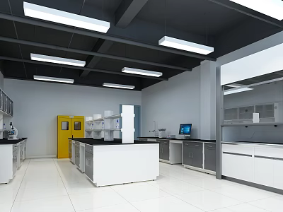 Modern Laboratory Interior With White Lab Benches Gray Cabinets And Ceiling Lighting 3d model