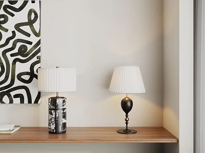 Two Stylish Table Lamps On Wooden Shelf With White Pleated Shades And Abstract Art 3d model