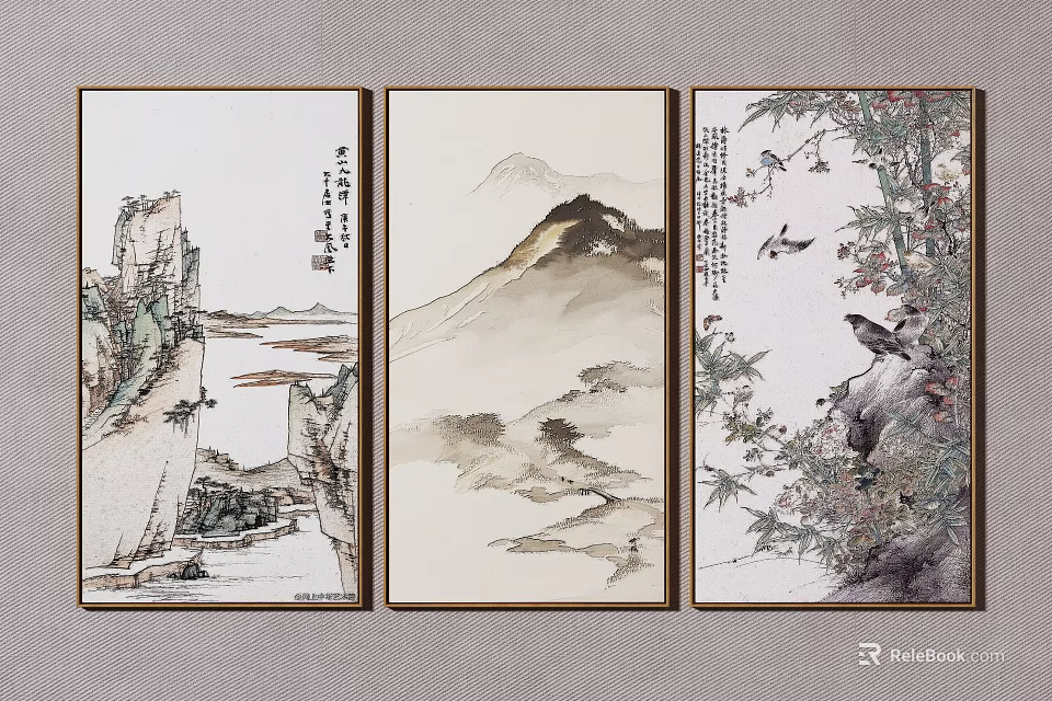 Traditional Chinese Landscape Painting Triptych with Mountains Water Birds and Calligraphy 3d model 