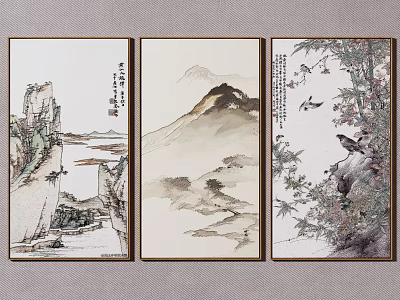 Traditional Chinese Landscape Painting Triptych with Mountains Water Birds and Calligraphy 3d model