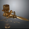 Golden Mechanical Engine Device With Shiny Propeller Blade And Metal Components