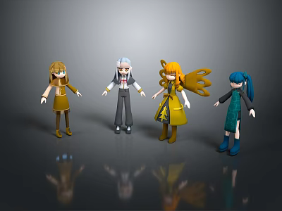Four Different Cartoon Characters With Various Hairstyles Colorful Outfits Standing On Gray Background With Reflections 3d model