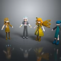 Four Different Cartoon Characters With Various Hairstyles Colorful Outfits Standing On Gray Background With Reflections