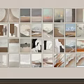 Abstract Wall Art Collection Featuring Neutral Tones And Diverse Paintings On White Wall