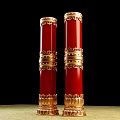 Red Columns With Golden Decorations And Intricate Base Patterns On Black Background And Golden Floor