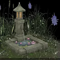 Natural Terrain With Stone Lantern Lush Grass Water Basin Lotus Flowers Purple Blooms And Moss