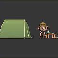 Game and Movie Character With Green Tent Small Table Camping Supplies And Shovel