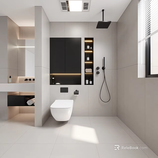 Modern Bathroom Interior With Wall Mounted Toilet Black Storage Cabinets Tiled Walls And Recessed Lighting 3d model 