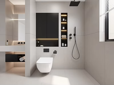 Modern Bathroom Interior With Wall Mounted Toilet Black Storage Cabinets Tiled Walls And Recessed Lighting 3d model