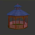 Red Wooden Hexagonal Gazebo With Blue Roof And Decorative Railings