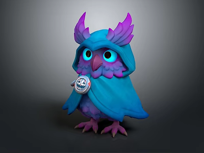 Cute Purple Blue Owl with Blue Cloak Skull Badge Big Eyes and Wings 3d model