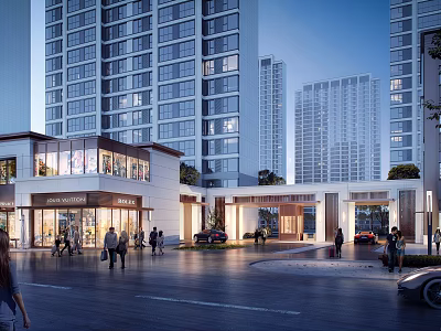 Vibrant Commercial Street With Tall Modern Buildings Pedestrians And Glass Facade Shops 3d model