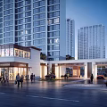 Vibrant Commercial Street With Tall Modern Buildings Pedestrians And Glass Facade Shops