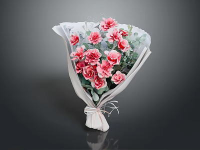 Beautiful Pink Flowers Bouquet With Green Leaves And White Wrapping Paper 3d model