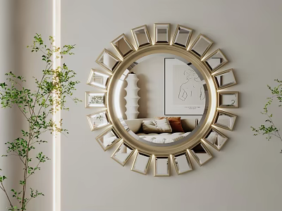 Round Gold Framed Mirror with Geometric Design in Modern Interior Reflecting Sofa and Green Plants 3d model