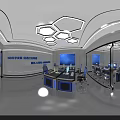 Modern Conference Room Interior With Hexagonal Ceiling Lights Blue Chairs And Large Screens 3d model