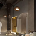 Spacious Traditional Chinese Elevator Hallway with Wooden Ceiling Lantern Lights Glass Doors and Green Plants