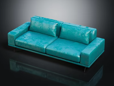 Modern Teal Leather Two Seater Sofa With Cushions And Metal Legs 3d model