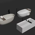 Various White Bathtub Shapes With Faucets Trays Towels And Bath Products