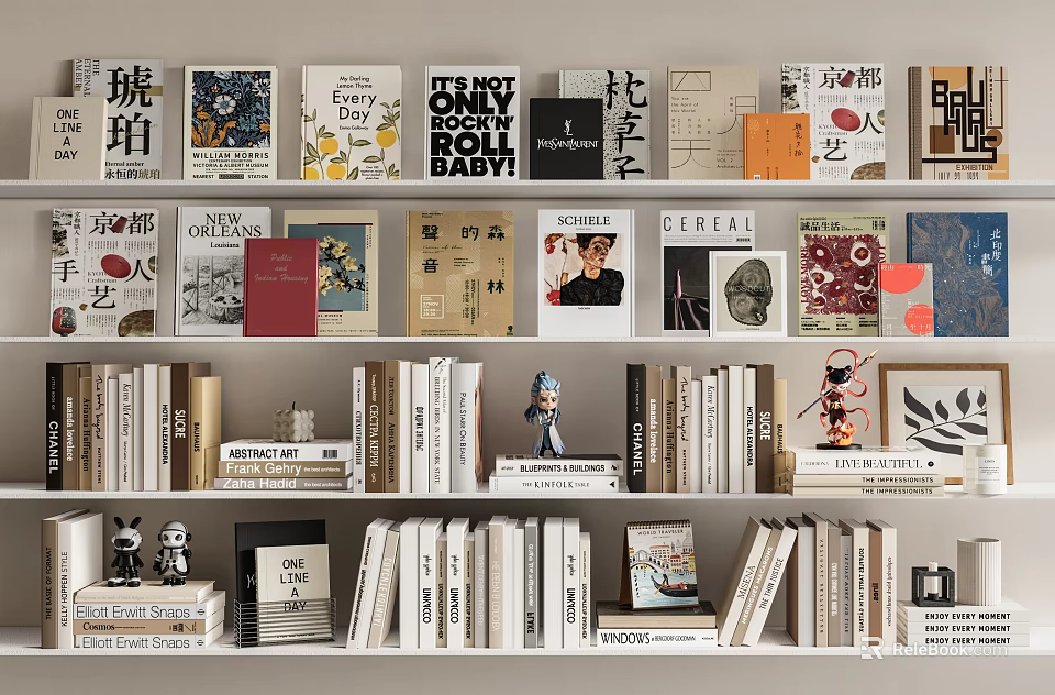 Books Magazines Display On Wooden Shelves With Various Cover Designs And Decorative Items 3d model 