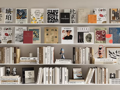 Books Magazines Display On Wooden Shelves With Various Cover Designs And Decorative Items 3d model