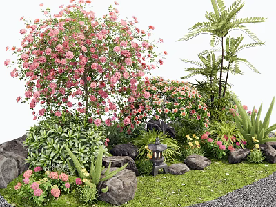 Beautiful Pink Flowering Shrubs with Stones Lantern Lush Green Plants and Grass Area 3d model