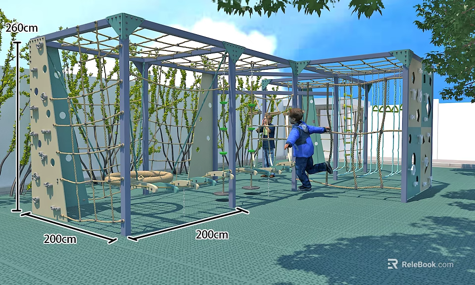 Children's Outdoor Playground with Metal Climbing Frame Rope Net Ladder and Green Safety Mat 3d model 