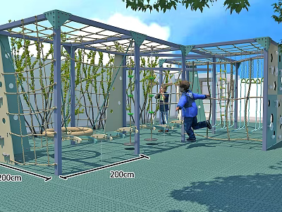 Children's Outdoor Playground with Metal Climbing Frame Rope Net Ladder and Green Safety Mat 3d model
