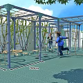 Children's Outdoor Playground with Metal Climbing Frame Rope Net Ladder and Green Safety Mat