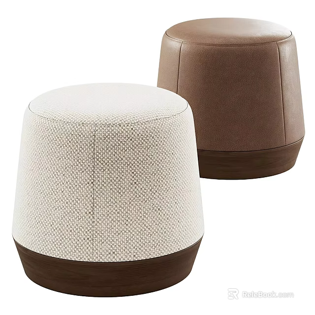 Elegant Modern Stools In White Fabric And Brown Leather With Wooden Bases 3d model 