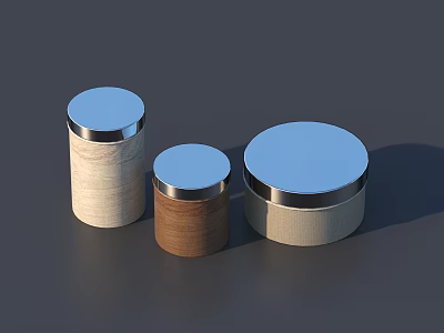 Three Piece Decorative Ornament Set With Wooden Bodies And Silver Round Lids 3d model